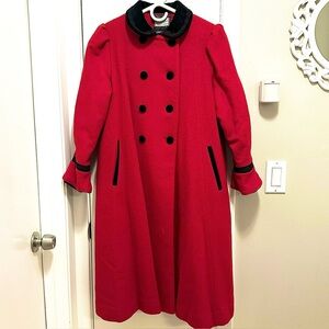 Vintage Rothschild Red Wool Trench Coat Girls 12 Velvet Ornate Collar Holiday